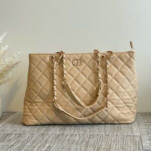 Elegant Beige Quilted Tote Bag Laptop bag
